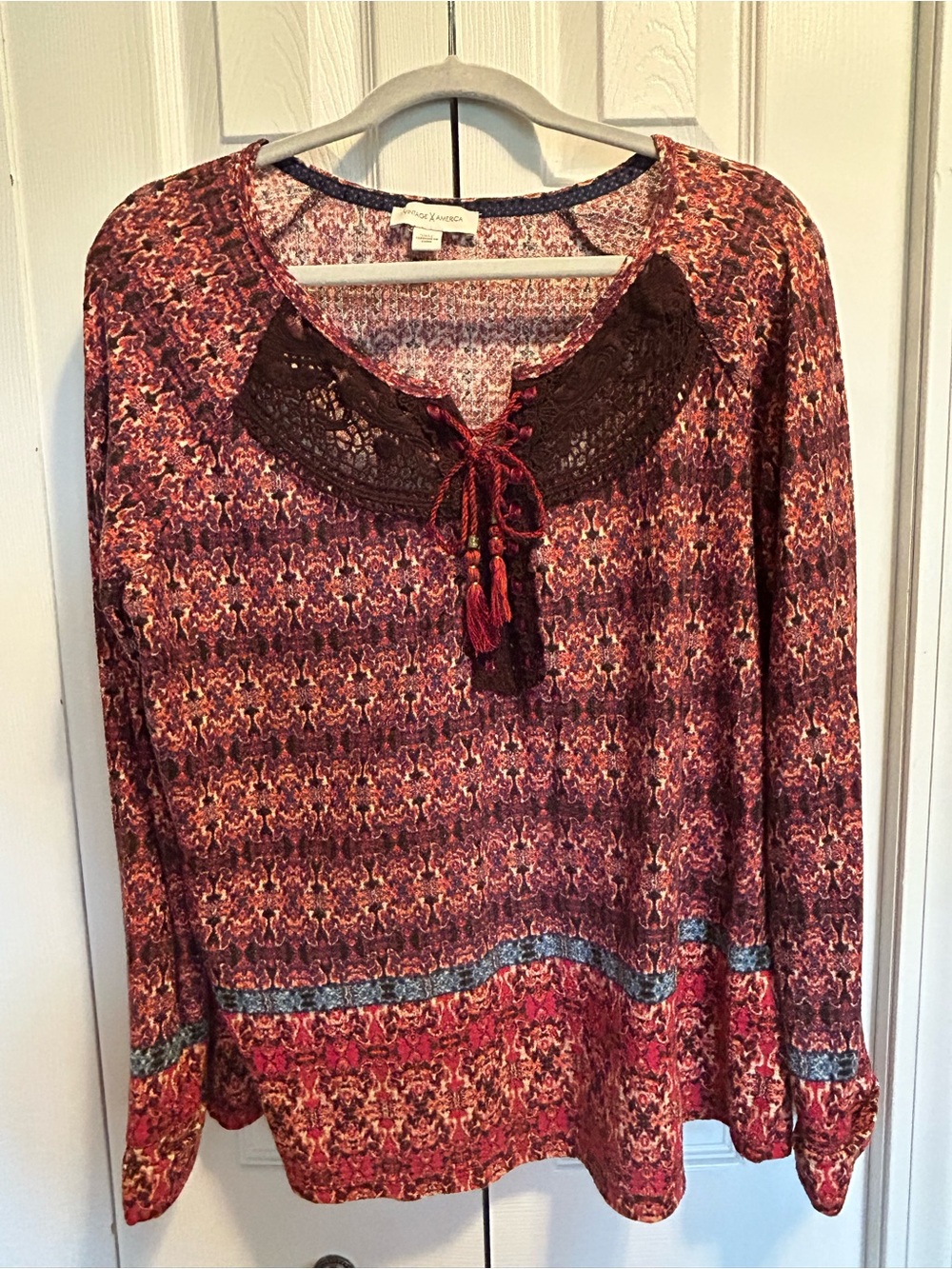Vintage America Burgundy Multi-Print Crochet-Trim Long Sleeve Top